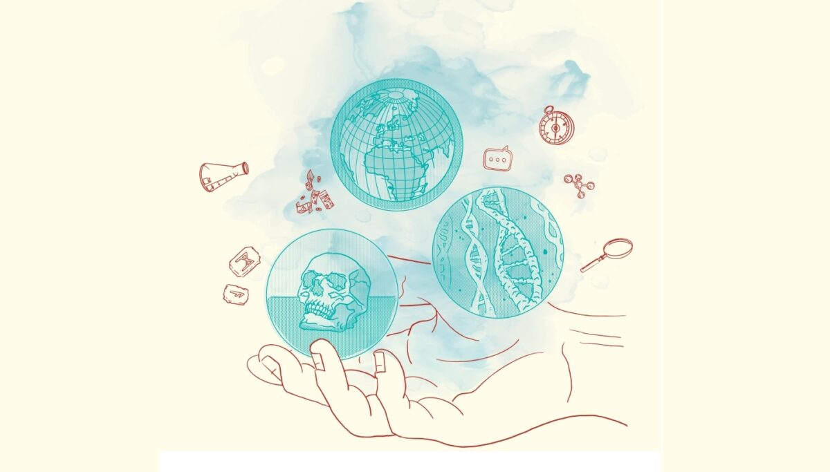 The image depicts a hand holding a skull, a DNA strand and a map of the world. Surrounding these three focus items are smaller images: runes, a laboratory flask, a compass, a magnifying glass